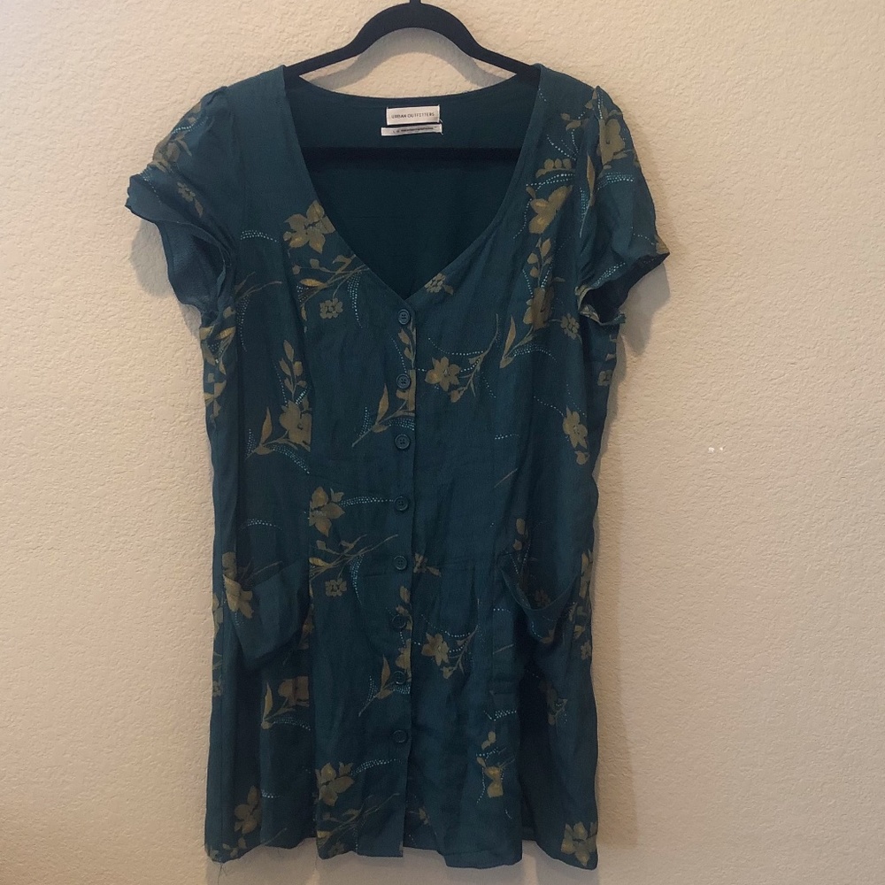 Urban Outfitters Emerald Green Dress with Tan Floral Design
